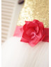 Gold Sequin Ivory Tulle With Coral Flower Sash Knee Length Flower Girl Dress